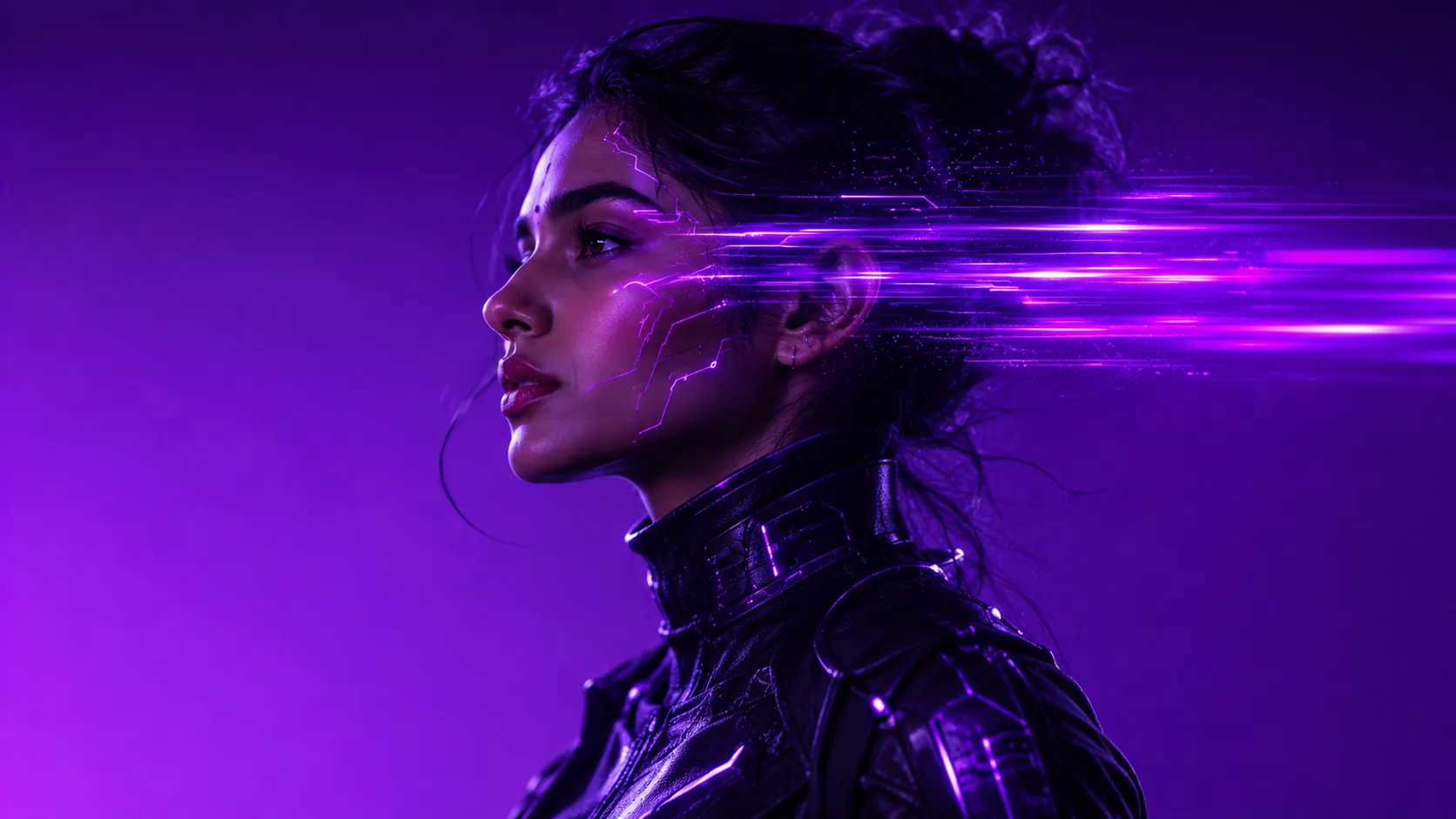 Portrait of a woman with glowing violet circuitry tracing across her face, representing Yukti Forge's brand, growth and AI systems work